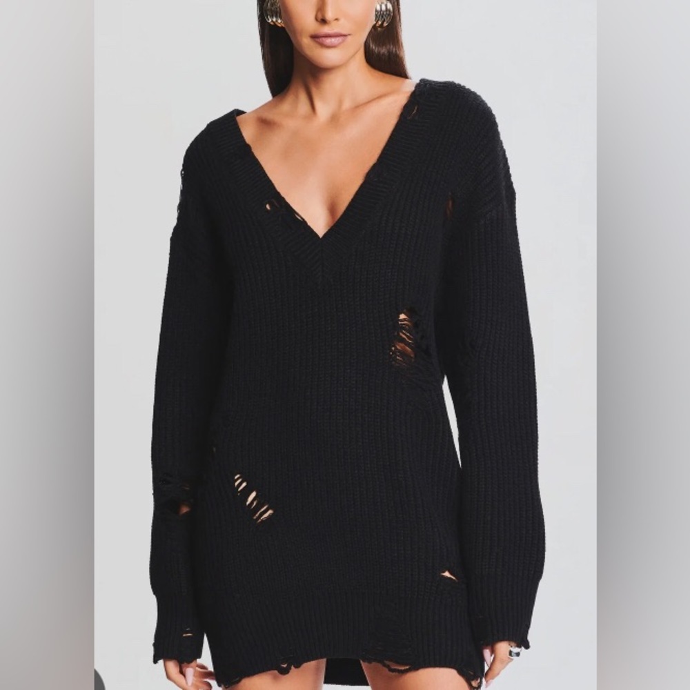 Ambiance Apparel | Women distressed NWOT black v-neck sweater, long sleeve, sz M